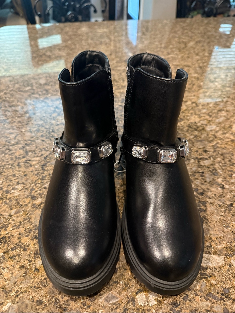 Women's Black Ankle Boots with Crystal Strap
